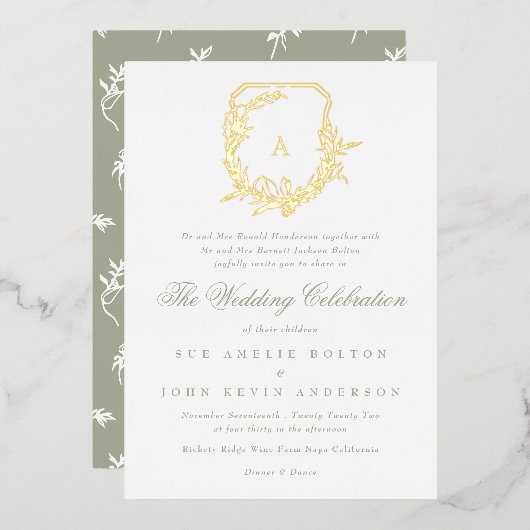 Klassieke Sage Groene Botanische Gouden Monogram K Folie Uitnodiging (Voorkant / Achterkant)