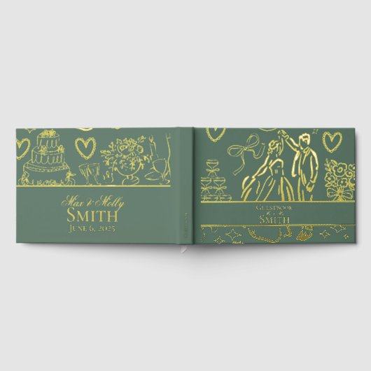 Klassieke Sage Groene Hand Getrokken Wedding Sketc Gastenboek (Volledig)