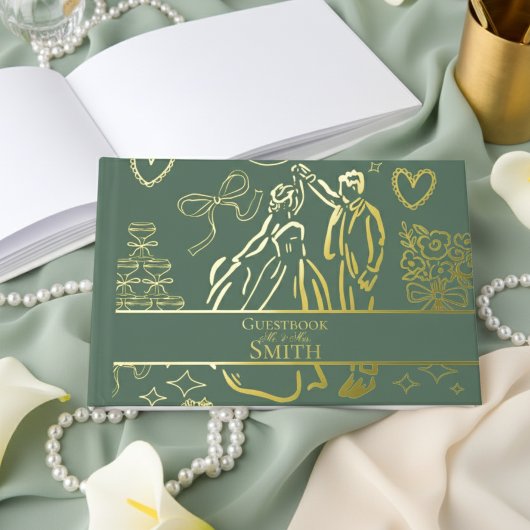 Klassieke Sage Groene Hand Getrokken Wedding Sketc Gastenboek