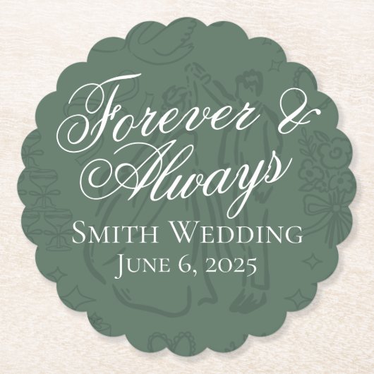 Klassieke Sage Groene Hand Getrokken Wedding Sketc Kartonnen Onderzetters (Voorkant)