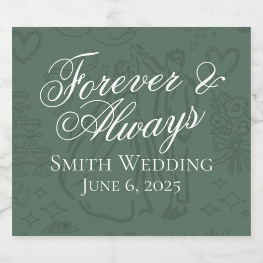 Klassieke Sage Groene Hand Getrokken Wedding Sketc Sparkling Wijnetiket (Enkel label)