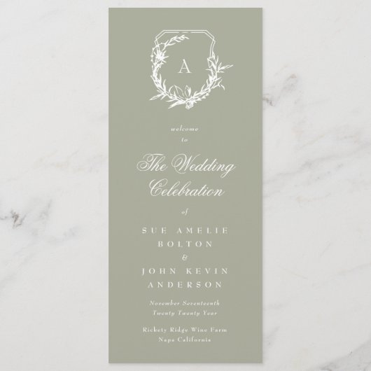 Klassieke Sage Groene Monogram Crest Bruiloft Programmakaart (Achterkant)