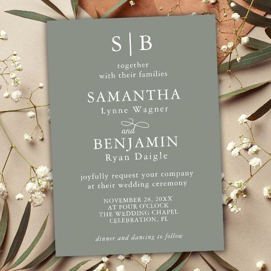 Klassieke Sage Groene Monogram Initialen Bruiloft Kaart