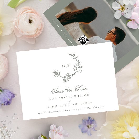 Klassieke Sage Groene Monogram Krans Huwelijk QR C Save The Date
