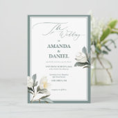 Klassieke Salie Groen en Witte Bloemen Huwelijk Kaart (Staand voorkant)