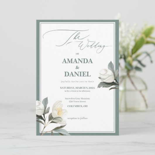 Klassieke Salie Groen en Witte Bloemen Huwelijk Kaart (Staand voorkant)