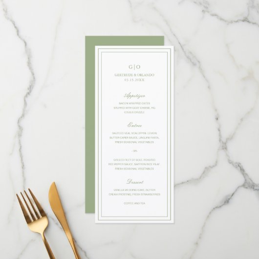 Klassieke Saliegroen Elegante Trouw Menu (Voorkant / Achterkant in situ)