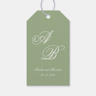 Klassieke saliegroen en witte monogramhuwelijk in  cadeaulabel