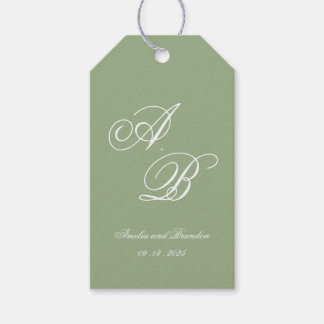 Klassieke saliegroen en witte monogramhuwelijk in cadeaulabel