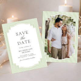 Klassieke saliegroen gestreepte fototrouwfoto save the date