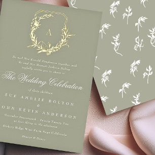 klassieke saliegroen gouden monogram embleem trouw folie uitnodiging