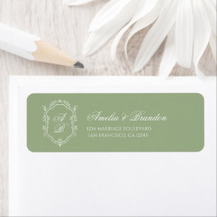 Klassieke Saliegroen & Witte Monogram Wapen Huweli Etiket