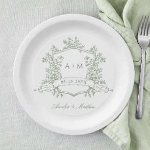 Klassieke saliegroene bloemenkroon monogram bruilo papieren bordje