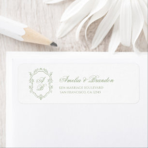 Klassieke saliegroene bloemige monogram wapenschil etiket