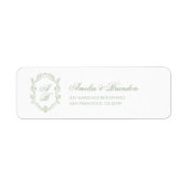 Klassieke saliegroene bloemige monogram wapenschil etiket (Voorkant)