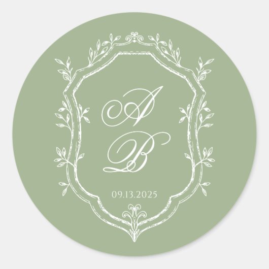 Klassieke saliegroene en witte monogram wapen Huwe Ronde Sticker (Voorkant)