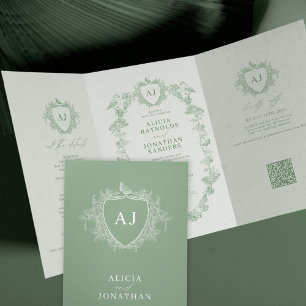 Klassieke saliegroene Franse bloemencode QR-huweli Drieluik Uitnodiging