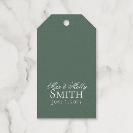 Klassieke saliegroene handgetekende trouwschets ku cadeaulabels (Achterkant)