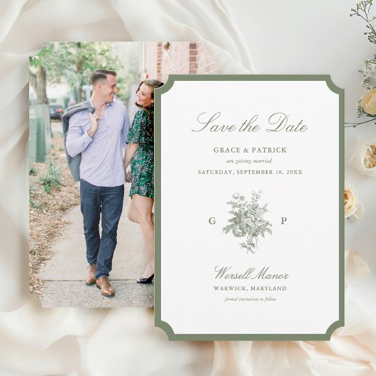 Klassieke Saliegroene Monogram Fototrouwdag Save The Date