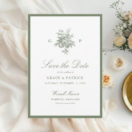 Klassieke saliegroene monogram trouw 'Save the Dat Save The Date