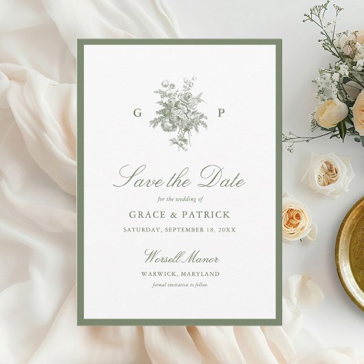 Klassieke saliegroene monogram trouw 'Save the Dat Save The Date
