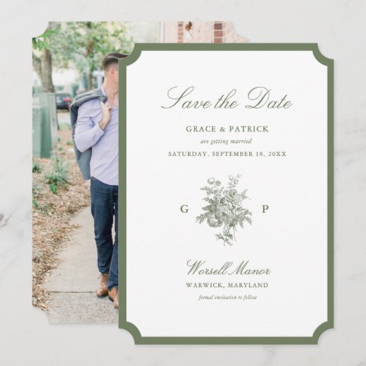 Klassieke saliegroene monogram trouw 'Save the Dat Save The Date (Voorkant / Achterkant)