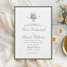 Klassieke saliegroene monogram trouwuitnodiging kaart