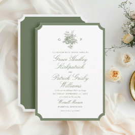 Klassieke saliegroene monogram trouwuitnodiging kaart