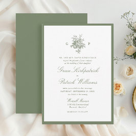Klassieke saliegroene monogram trouwuitnodiging kaart