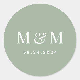 Klassieke saliegroene monogramtypografie bruiloft ronde sticker