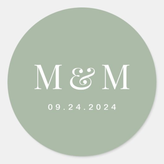 Klassieke saliegroene monogramtypografie bruiloft ronde sticker (Voorkant)