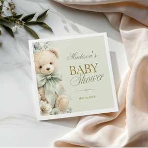 Klassieke saliegroene teddybeer babyshower servet