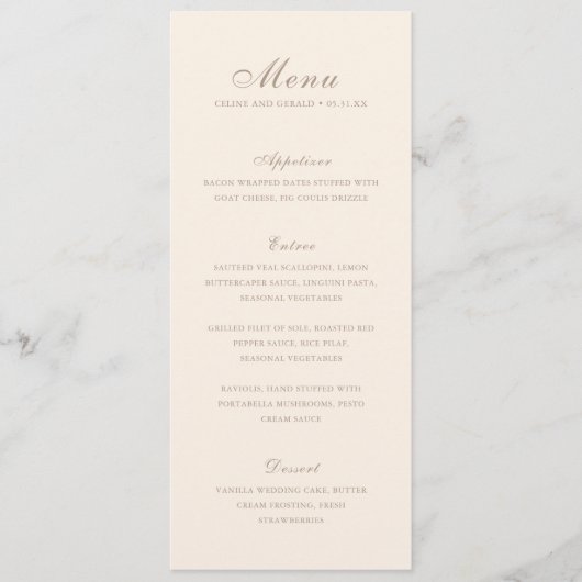 Klassieke Sandy Neutral Elegant Wedding Menu (Voorkant)