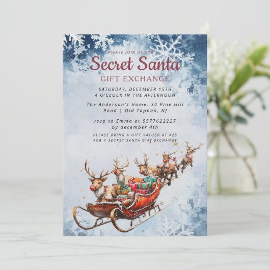 Klassieke Santa Sleigh Secret Santa Winter Party Kaart (Staand voorkant)