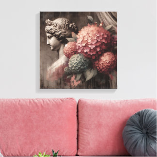 Klassieke scène met gipsombeeld en hortensia canvas afdruk