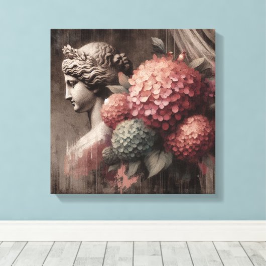 Klassieke scène met gipsombeeld en hortensia canvas afdruk (Insitu (Houten vloer))