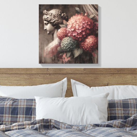 Klassieke scène met gipsombeeld en hortensia canvas afdruk (Insitu (Slaapkamer))