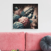 Klassieke scène met gipsombeeld en hortensia