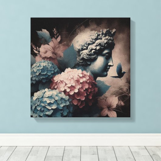 Klassieke scène met gipsombeeld en hortensia canvas afdruk (Insitu (Houten vloer))