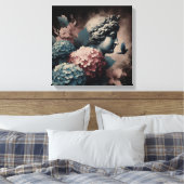Klassieke scène met gipsombeeld en hortensia canvas afdruk (Insitu (Slaapkamer))