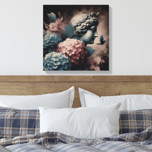 Klassieke scène met gipsombeeld en hortensia canvas afdruk (Insitu (Slaapkamer))
