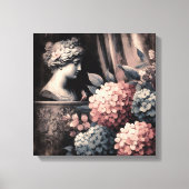 Klassieke scène met gipsombeeld en hortensia canvas afdruk (Voorkant)