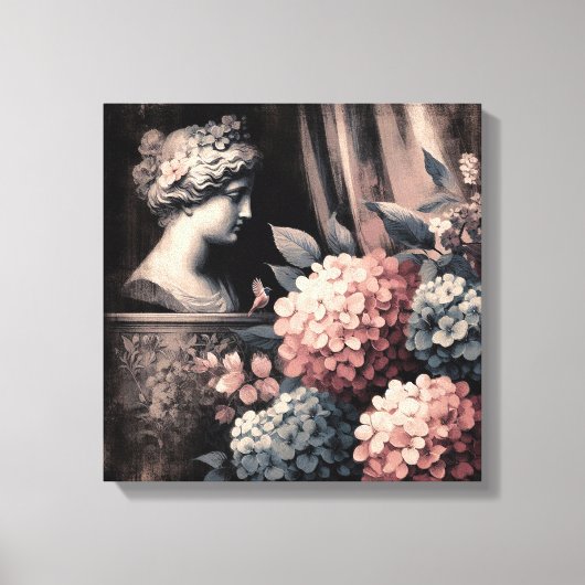 Klassieke scène met gipsombeeld en hortensia canvas afdruk (Voorkant)