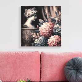 Klassieke scène met gipsombeeld en hortensia canvas afdruk