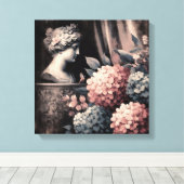 Klassieke scène met gipsombeeld en hortensia canvas afdruk (Insitu (Houten vloer))