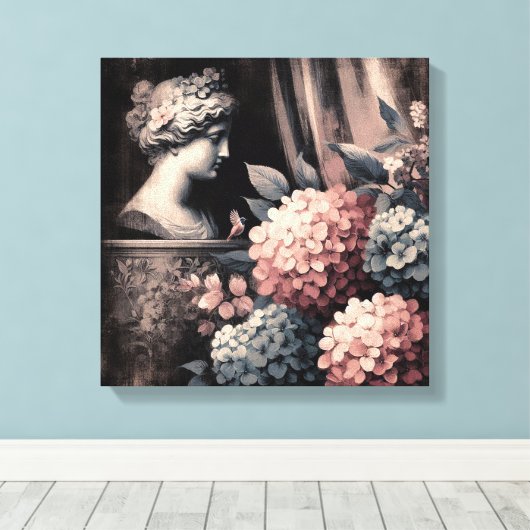 Klassieke scène met gipsombeeld en hortensia canvas afdruk (Insitu (Houten vloer))