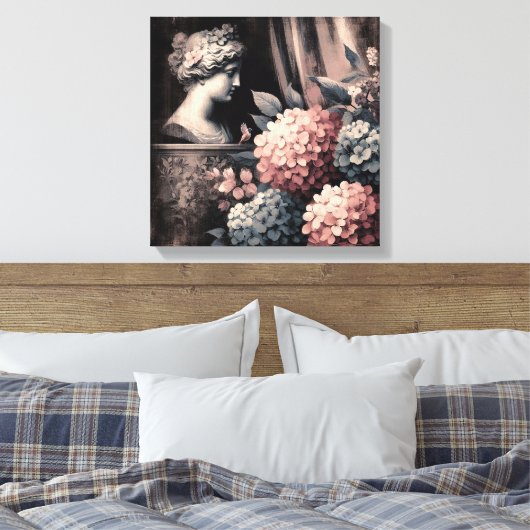 Klassieke scène met gipsombeeld en hortensia canvas afdruk (Insitu (Slaapkamer))