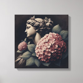 Klassieke scène met gipsombeeld en hortensia canvas afdruk