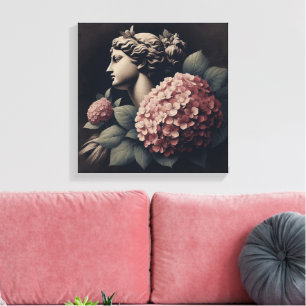 Klassieke scène met gipsombeeld en hortensia canvas afdruk