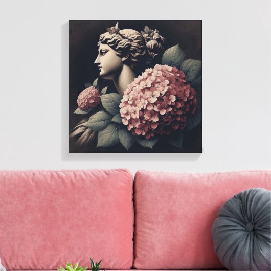 Klassieke scène met gipsombeeld en hortensia canvas afdruk (Insitu (Woonkamer))
